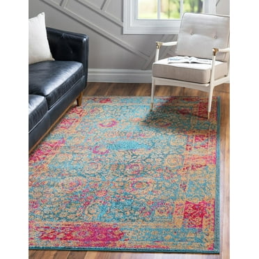 Rugs.com Fleur Collection Rug – 5' x 8' Blue Medium-Pile Rug Perfect For Bedrooms, Dining Rooms, Living Rooms