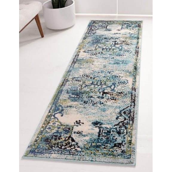 Rugs.com Fleur Collection Rug – 6 Ft Runner Blue Medium-Pile Rug Perfect For Hallways, Entryways