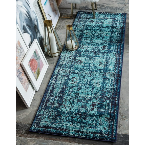 Rugs.com Fleur Collection Rug – 6 Ft Runner Blue Medium-Pile Rug Perfect For Hallways, Entryways
