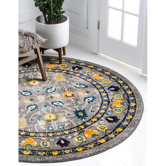 Rugs.com Fleur Collection Rug – 6' Round Gray Medium-Pile Rug Perfect For Kitchens, Dining Rooms
