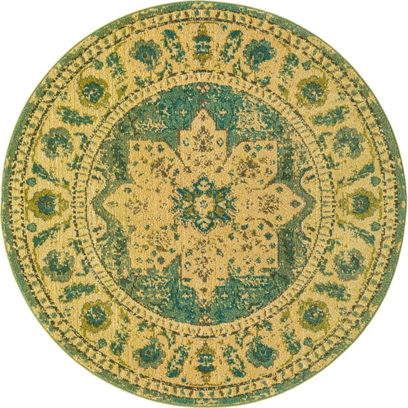 Rugs.com Fleur Collection Rug – 6' Round Green Medium-Pile Rug Perfect For Kitchens, Dining Rooms