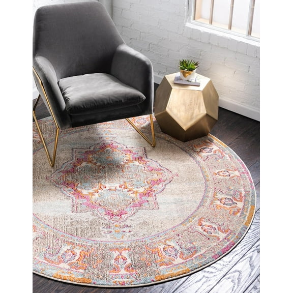 Rugs.com Fleur Collection Rug – 6' Round Light Blue Medium-Pile Rug Perfect For Kitchens, Dining Rooms