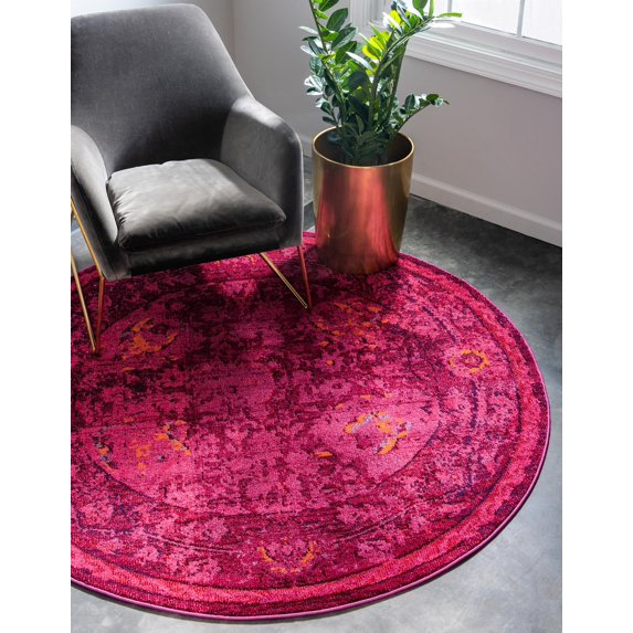 Rugs.com Fleur Collection Rug – 6' Round Red Medium-Pile Rug Perfect For Kitchens, Dining Rooms