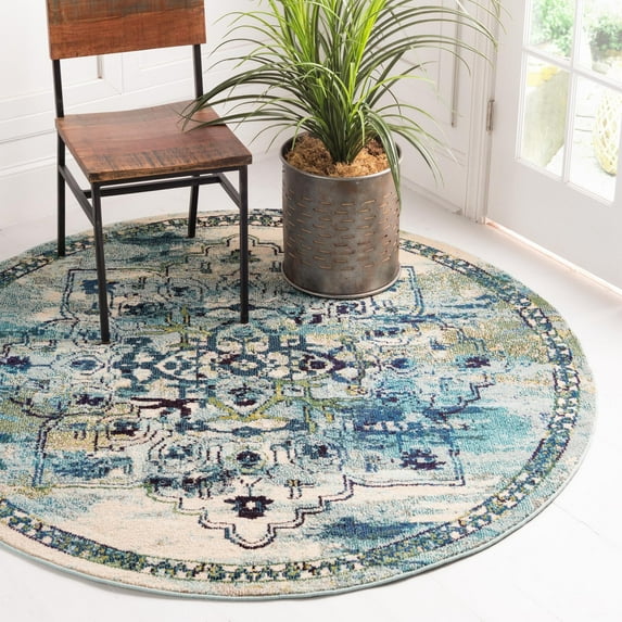Rugs.com Fleur Collection Rug – 8' Round Blue Medium-Pile Rug Perfect For Kitchens, Dining Rooms