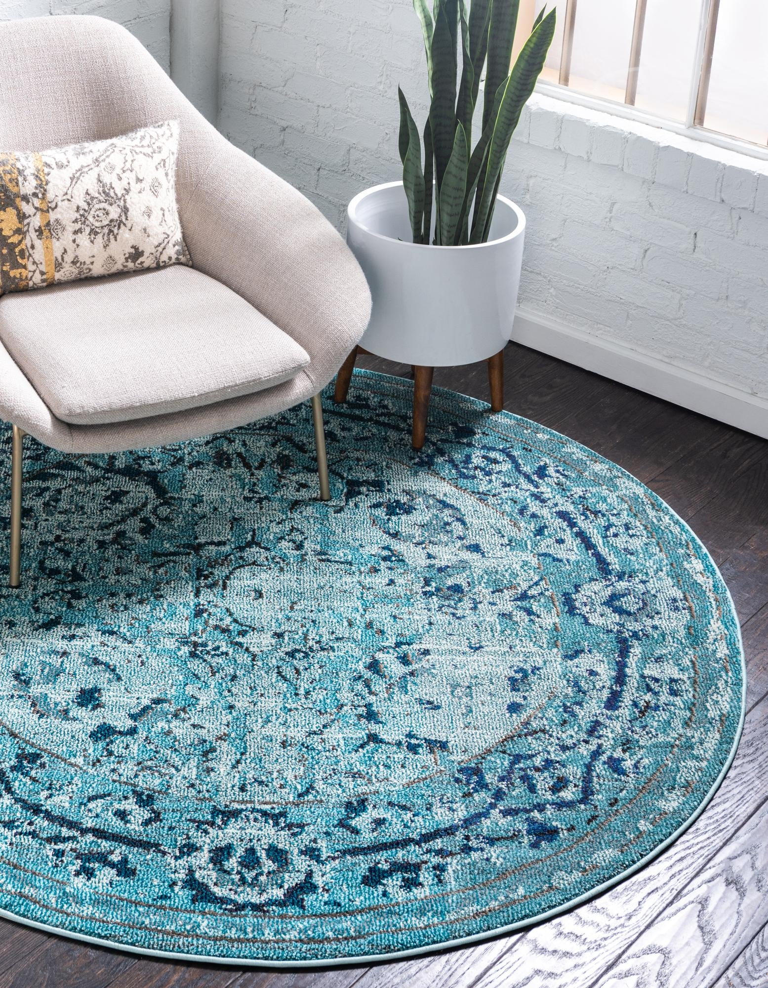 Rugs.com Fleur Collection Rug – 8' Round Light Blue Medium-Pile Rug ...