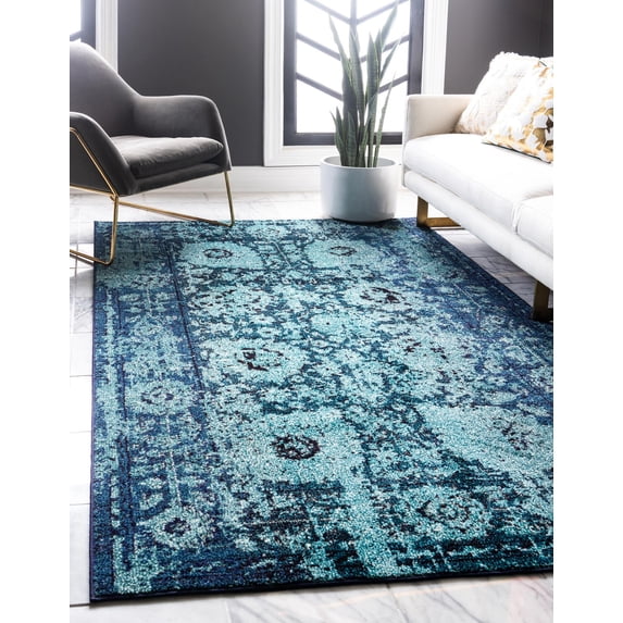 Rugs.com Fleur Collection Rug – 8' x 10' Blue Medium-Pile Rug Perfect For Living Rooms, Large Dining Rooms, Open Floorplans