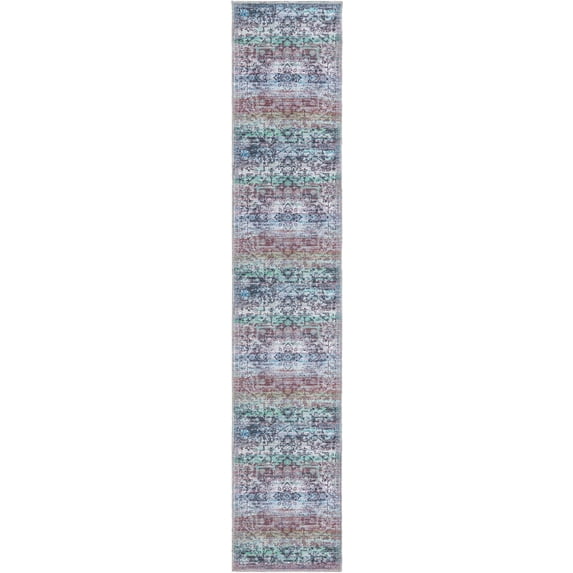 Rugs.com Francesca Collection Washable Rug – 10 Ft Runner Blue Green Flatweave Rug Perfect For Hallways, Entryways