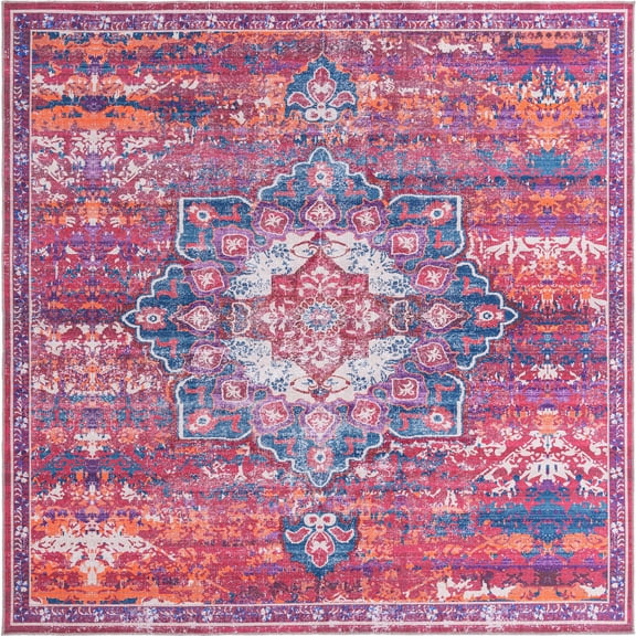 Rugs.com Francesca Collection Washable Rug – 10 Ft Square Multi Fuchsia Flatweave Rug Perfect For Living Rooms, Kitchens, Entryways