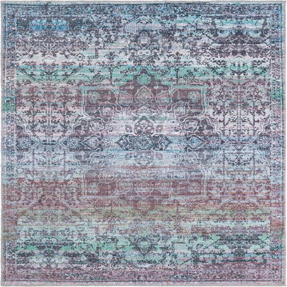 Rugs.com Francesca Collection Washable Rug – 5 Ft Square Blue Green Flatweave Rug Perfect For Living Rooms, Kitchens, Entryways