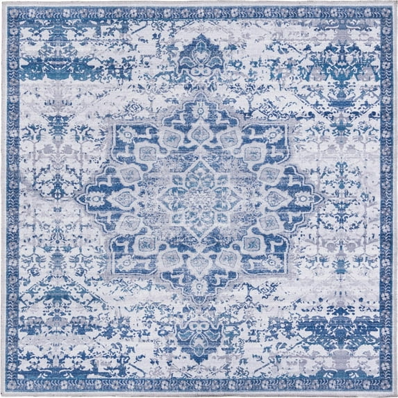 Rugs.com Francesca Collection Washable Rug – 5 Ft Square Gray Blue Flatweave Rug Perfect For Living Rooms, Kitchens, Entryways