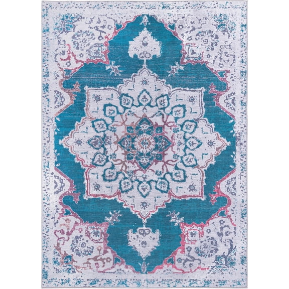 Rugs.com Francesca Collection Washable Rug – 8' x 11' Teal Green Flatweave Rug Perfect For Living Rooms, Large Dining Rooms, Open Floorplans