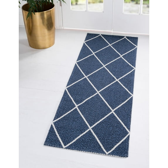 Rugs.com Georgia Collection Rug – 8 Ft Runner Navy Blue Flatweave Rug Perfect For Hallways, Entryways