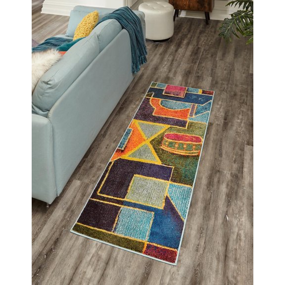 Rugs.com Haerfest Collection Rug – 4 Ft Runner Multi Low Rug Perfect For Hallways, Entryways