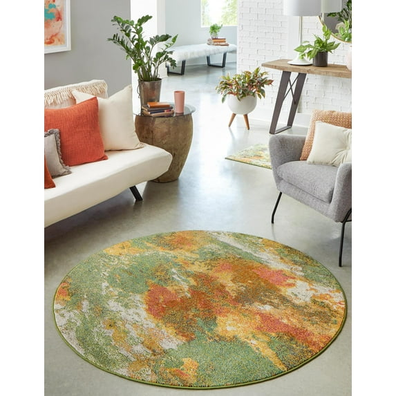 Rugs.com Haerfest Collection Rug – 5 Ft Round Green Low Rug Perfect For Kitchens, Dining Rooms