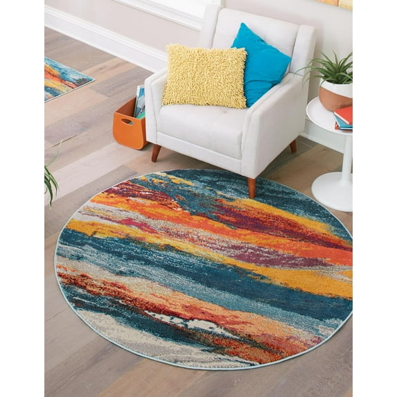 Rugs.com Haerfest Collection Rug – 5 Ft Round Multi Low Rug Perfect For Kitchens, Dining Rooms