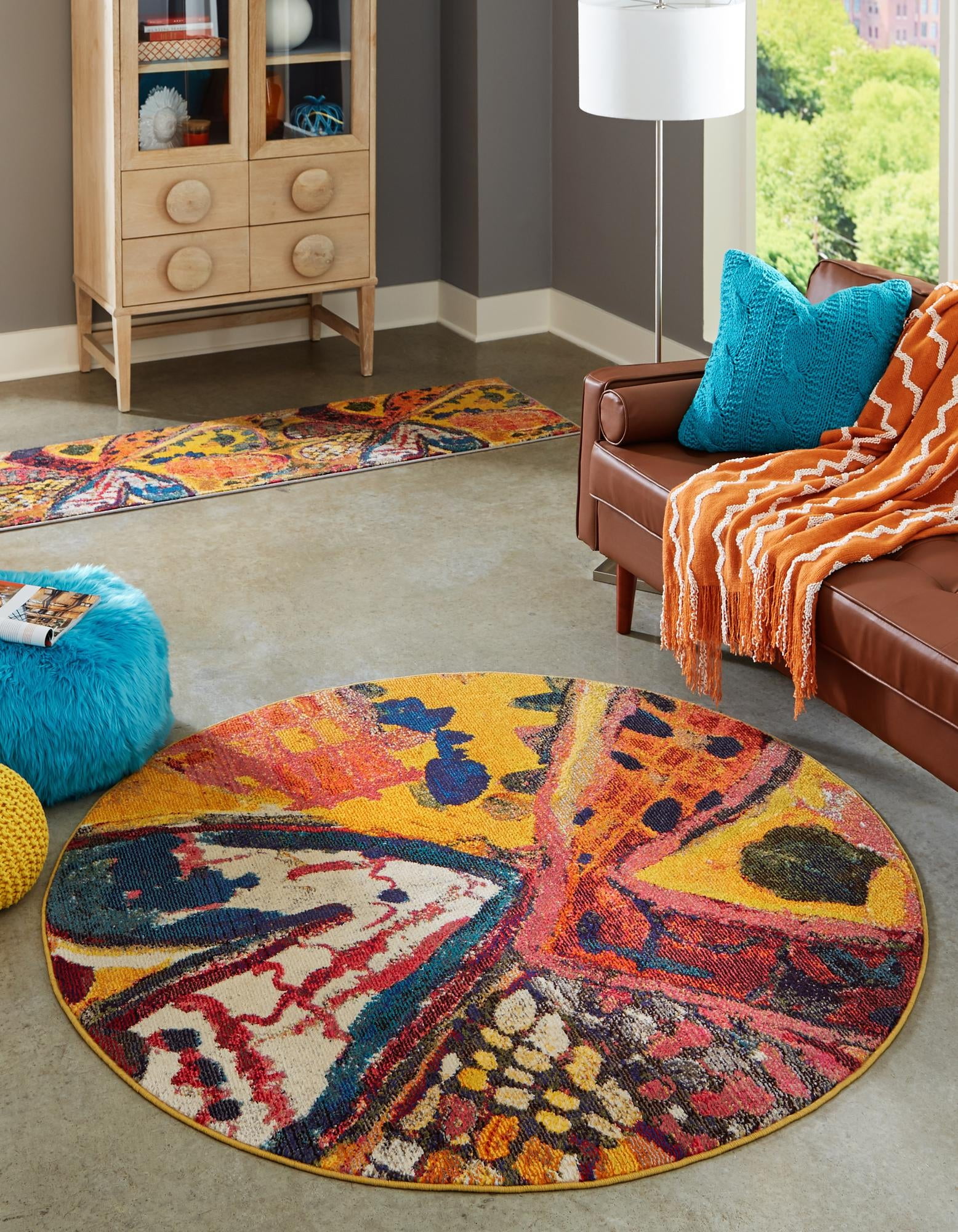 Colorful Abstract Round Yellow and Blue Polypropylene Rug