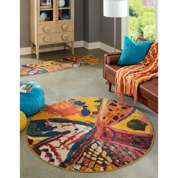 Rugs.com Haerfest Collection Rug – 5 Ft Round Yellow Low Rug Perfect For Kitchens, Dining Rooms