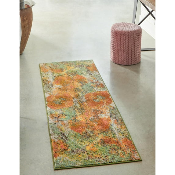 Rugs.com Haerfest Collection Rug – 6 Ft Runner Green Low Rug Perfect For Hallways, Entryways