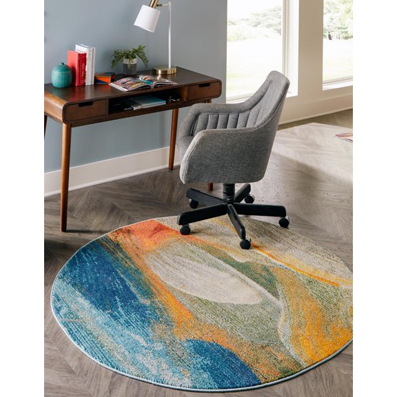 Rugs.com Haerfest Collection Rug – 8 Ft Round Blue Low Rug Perfect For Kitchens, Dining Rooms