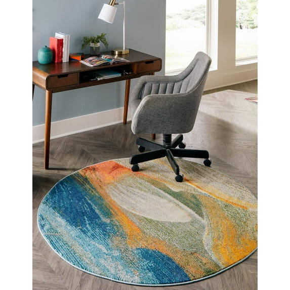 Rugs.com Haerfest Collection Rug – 8 Ft Round Blue Low Rug Perfect For Kitchens, Dining Rooms