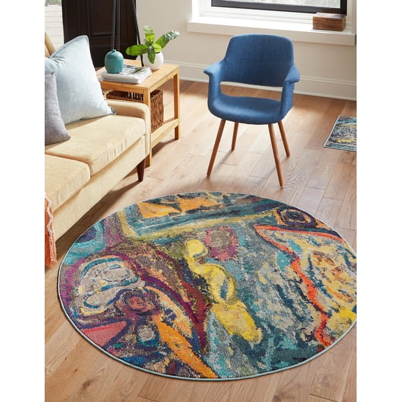 Rugs.com Haerfest Collection Rug – 8 Ft Round Multi Low Rug Perfect For Kitchens, Dining Rooms