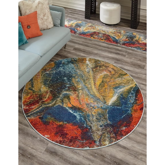 Rugs.com Haerfest Collection Rug – 8 Ft Round Multi Low Rug Perfect For Kitchens, Dining Rooms