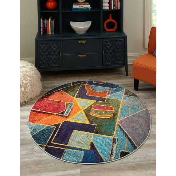 Rugs.com Haerfest Collection Rug – 8 Ft Round Multi Low Rug Perfect For Kitchens, Dining Rooms