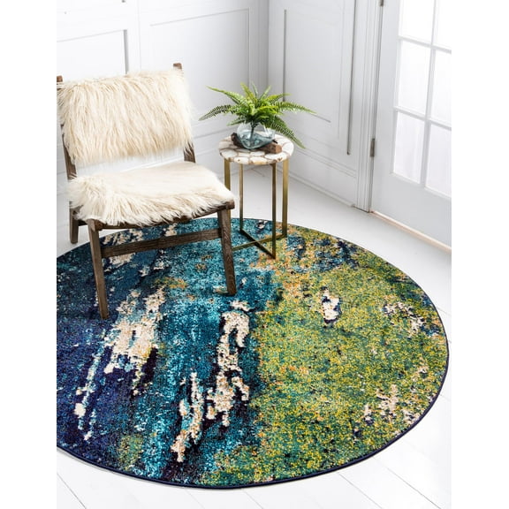 Rugs.com Hyacinth Collection Rug – 6 Ft Round Navy Blue Medium Rug Perfect For Kitchens, Dining Rooms