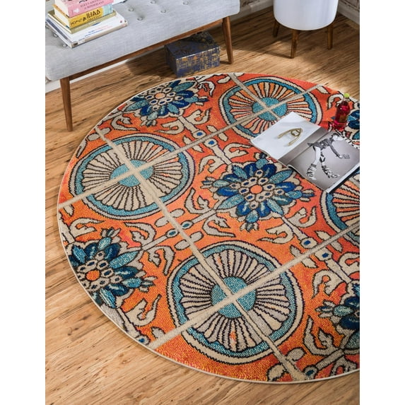 Rugs.com Hyacinth Collection Rug – 8 Ft Round Orange Medium Rug Perfect For Kitchens, Dining Rooms