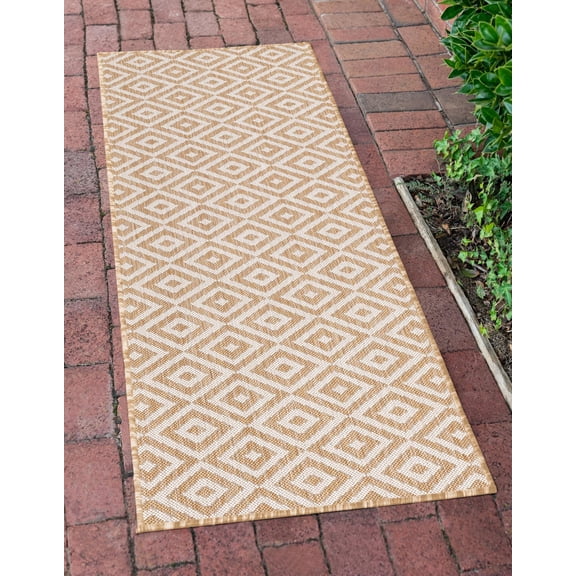 Rugs.com Jill Zarin Outdoor Collection Rug – 2' x 6' Runner Beige Flatweave Rug Perfect For Hallways, Entryways