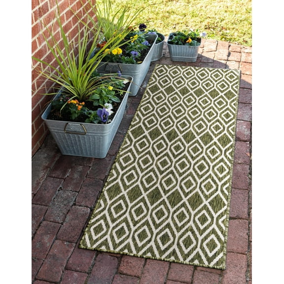 Rugs.com Jill Zarin Outdoor Collection Rug – 2' x 6' Runner Green Flatweave Rug Perfect For Hallways, Entryways