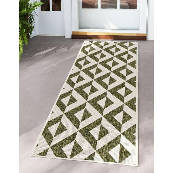 Rugs.com Jill Zarin Outdoor Collection Rug – 2' x 8' Runner Green Flatweave Rug Perfect For Hallways, Entryways