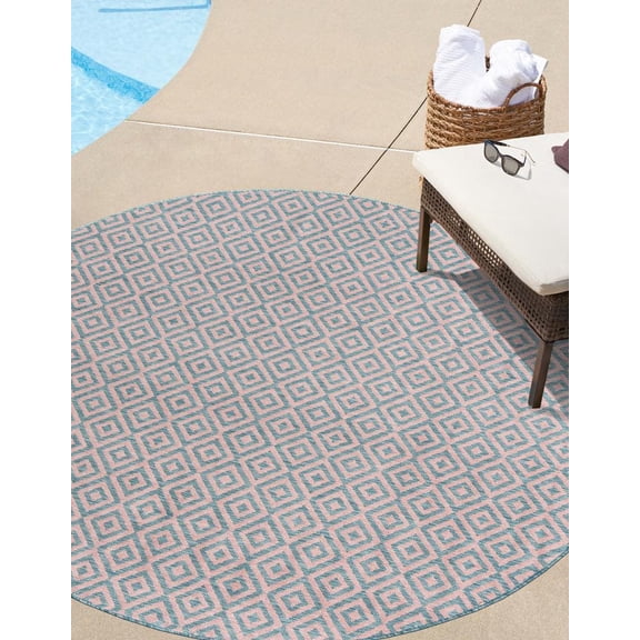 Rugs.com Jill Zarin Outdoor Collection Rug – 3' 3 Round Pink And Aqua Flatweave Rug Perfect For Kitchens, Dining Rooms