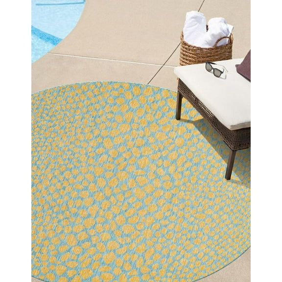 Rugs.com Jill Zarin Outdoor Collection Rug – 3' 3 Round Yellow And Aqua Flatweave Rug Perfect For Kitchens, Dining Rooms