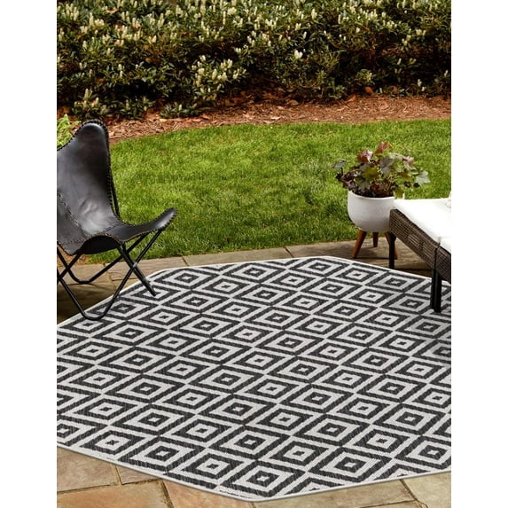 Rugs.com Jill Zarin Outdoor Collection Rug – 4' Octagon Charcoal Gray Flatweave Rug Perfect For Living Rooms, Kitchens, Entryways
