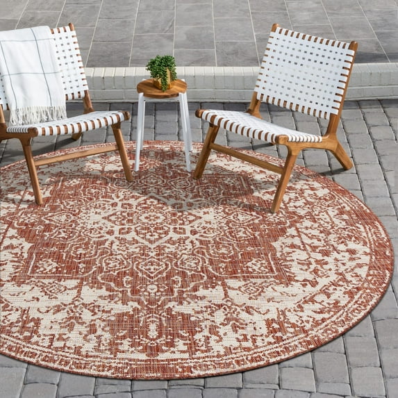 Rugs.com Jill Zarin Outdoor Collection Rug – 4' Round Rust Red Flatweave Rug Perfect For Kitchens, Dining Rooms