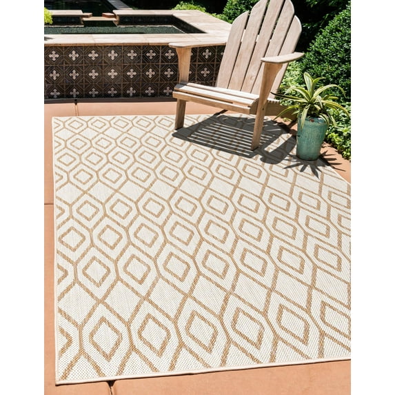 Rugs.com Jill Zarin Outdoor Collection Rug – 5' 3 x 8' Beige Flatweave Rug Perfect For Bedrooms, Dining Rooms, Living Rooms