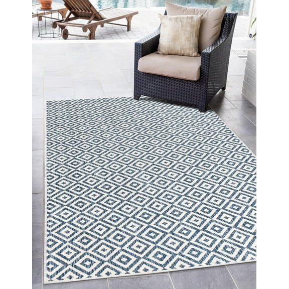 Rugs.com Jill Zarin Outdoor Collection Rug – 5' 3 x 8' Blue Flatweave Rug Perfect For Bedrooms, Dining Rooms, Living Rooms