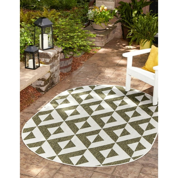 Rugs.com Jill Zarin Outdoor Collection Rug – 5' 3 x 8' Oval Green Flatweave Rug Perfect For Living Rooms, Large Dining Rooms, Open Floorplans