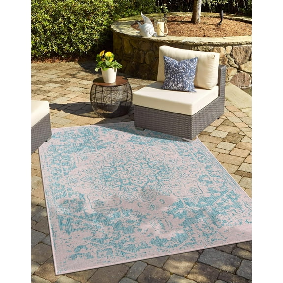 Rugs.com Jill Zarin Outdoor Collection Rug – 5' 3 x 8' Pink And Aqua Flatweave Rug Perfect For Bedrooms, Dining Rooms, Living Rooms
