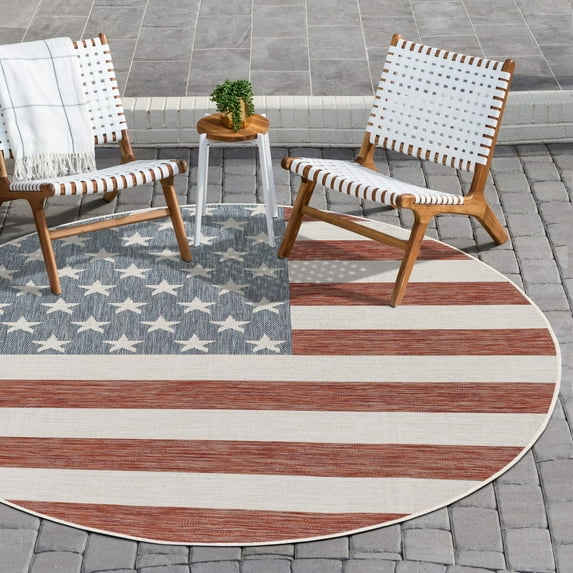 Rugs.com Jill Zarin Outdoor Collection Rug – 6' 7 Round Red Flatweave Rug Perfect For Kitchens, Dining Rooms