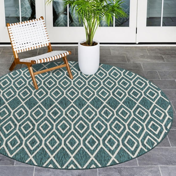 Rugs.com Jill Zarin Outdoor Collection Rug – 6' 7 Round Teal Flatweave Rug Perfect For Kitchens, Dining Rooms