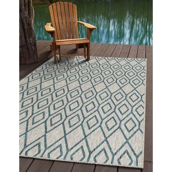 Rugs.com Jill Zarin Outdoor Collection Rug – 6' x 9' Gray Teal Flatweave Rug Perfect For Bedrooms, Dining Rooms, Living Rooms