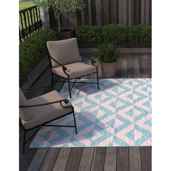 Rugs.com Jill Zarin Outdoor Collection Rug – 7' 10 Square Pink And Aqua Flatweave Rug Perfect For Living Rooms, Kitchens, Entryways