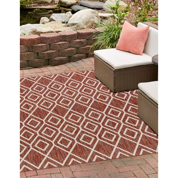 Rugs.com Jill Zarin Outdoor Collection Rug – 7' 10 Square Rust Red Flatweave Rug Perfect For Living Rooms, Kitchens, Entryways