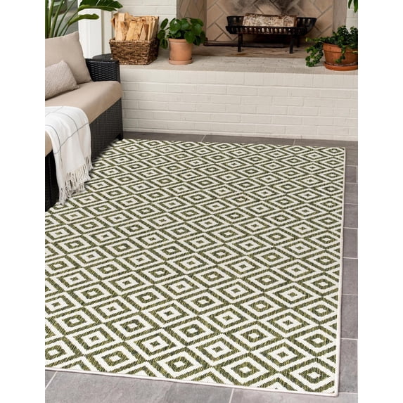 Rugs.com Jill Zarin Outdoor Collection Rug – 7' 10 x 10' Green Flatweave Rug Perfect For Living Rooms, Large Dining Rooms, Open Floorplans