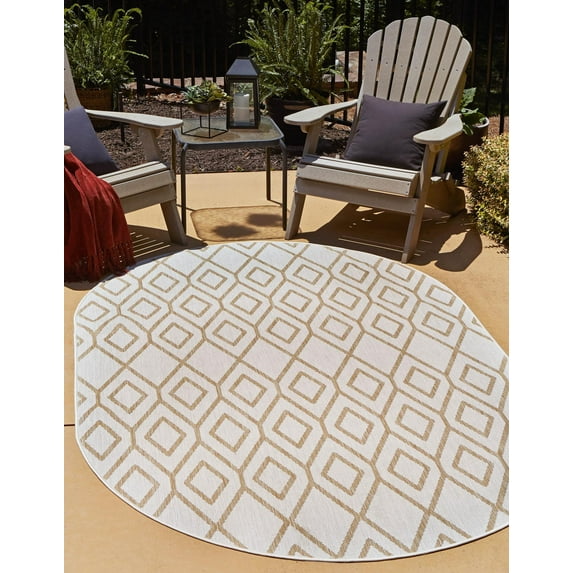 Rugs.com Jill Zarin Outdoor Collection Rug – 7' 10 x 10' Oval Beige Flatweave Rug Perfect For Living Rooms, Large Dining Rooms, Open Floorplans