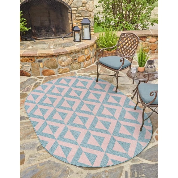 Rugs.com Jill Zarin Outdoor Collection Rug – 7' 10 x 10' Oval Pink And Aqua Flatweave Rug Perfect For Living Rooms, Large Dining Rooms, Open Floorplans