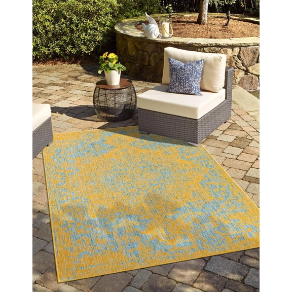 Rugs.com Jill Zarin Outdoor Collection Rug – 7' 10 x 10' Yellow And Aqua Flatweave Rug Perfect For Living Rooms, Large Dining Rooms, Open Floorplans