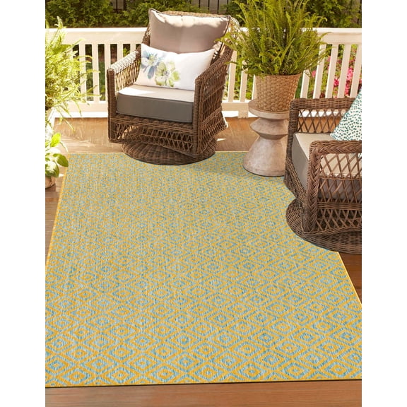 Rugs.com Jill Zarin Outdoor Collection Rug – 7' 10 x 10' Yellow And Aqua Flatweave Rug Perfect For Living Rooms, Large Dining Rooms, Open Floorplans